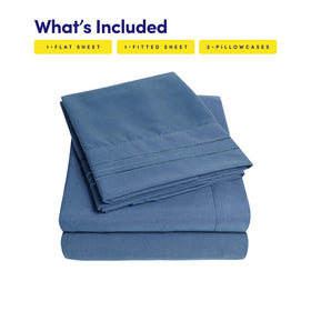 Sweet Home Collection denim blue sheets on a bed showing deep pockets up to 16 inches