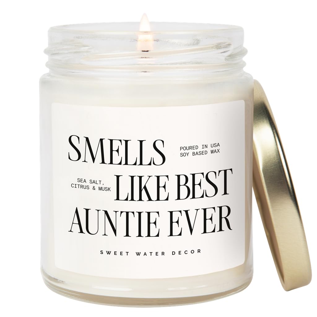 Sweet Water Decor Smells Like Best Auntie Ever candle in glass jar with gold lid, ideal gift.