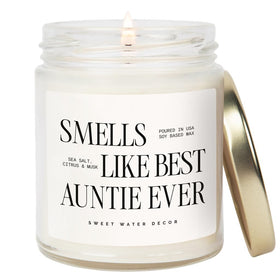 Sweet Water Decor Smells Like Best Auntie Ever candle in glass jar with gold lid, ideal gift.