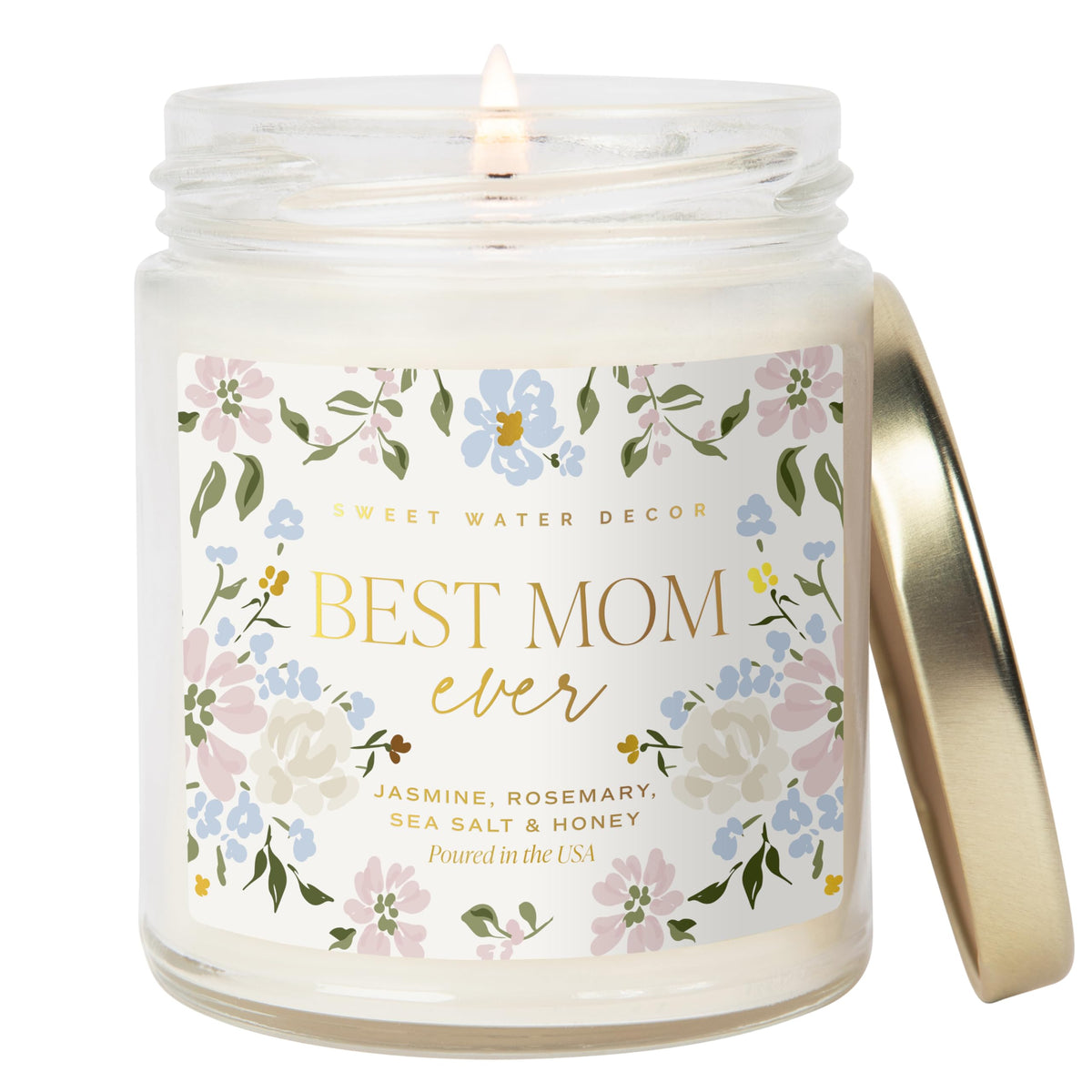 Sweet Water Decor Best Mom Ever Candle closeup showing a soothing gift idea