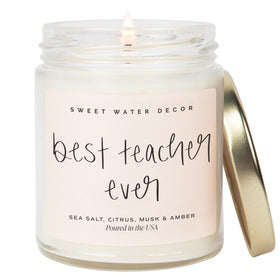Sweet Water Decor Best Teacher Ever candle jar close-up for stylish teacher gifts.