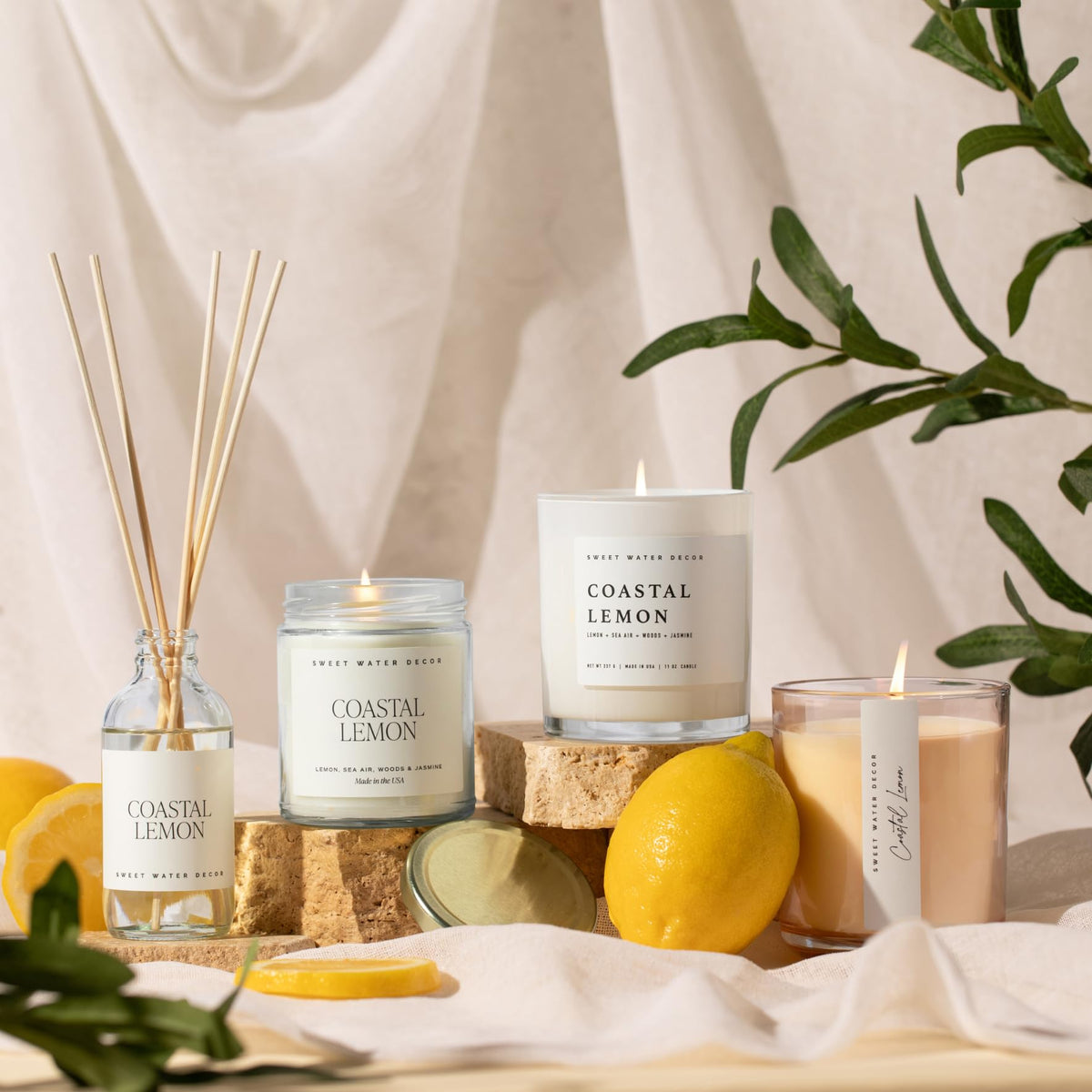 Sweet Water Decor eucalyptus and oceanic accord contribute a breezy coastal feel.