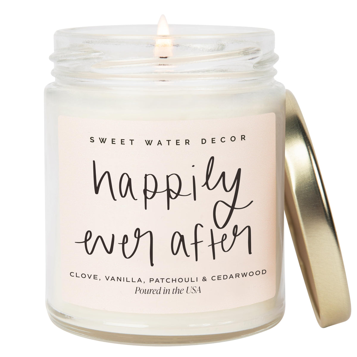 Sweet Water Decor Happily Ever After Candle with gold lid adds warm wedding ambience