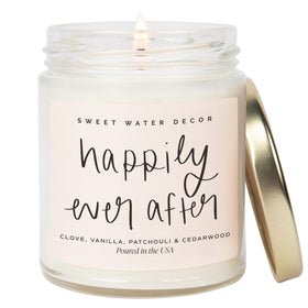 Sweet Water Decor Happily Ever After Candle with gold lid adds warm wedding ambience