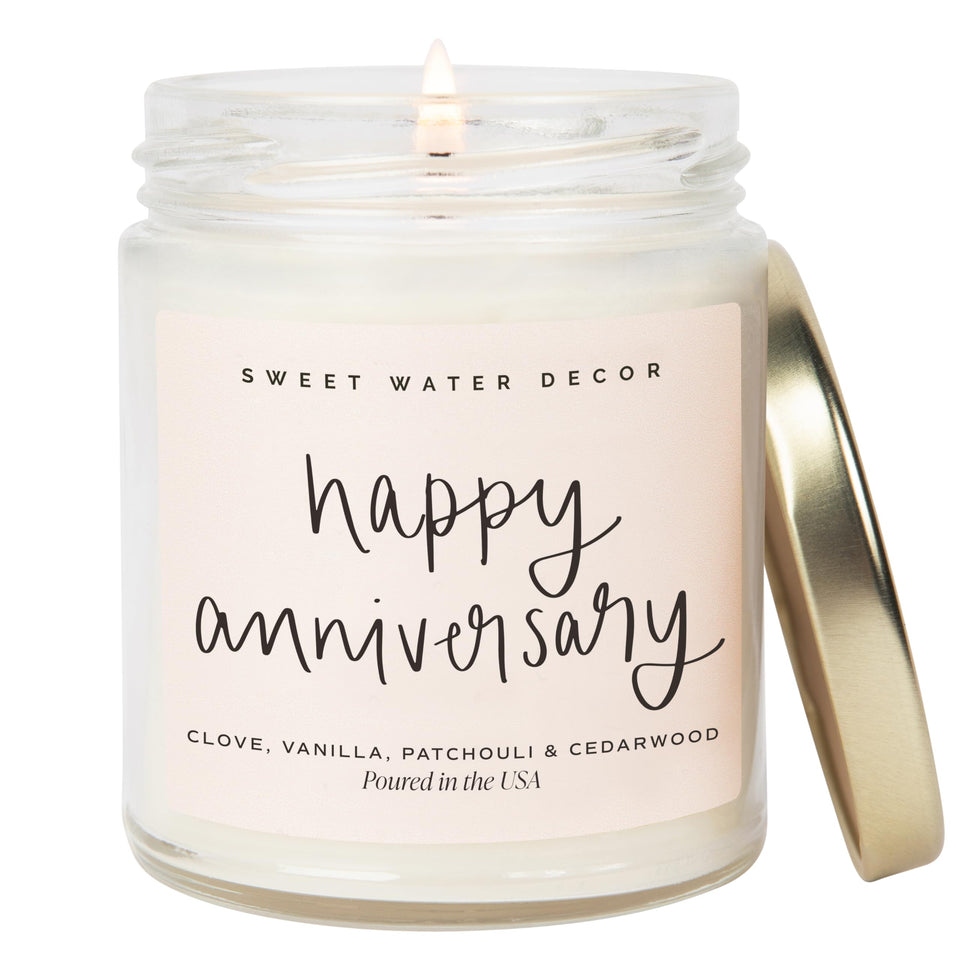 Sweet Water Decor Happy Anniversary Candle jar closeup for stylish living room ambiance