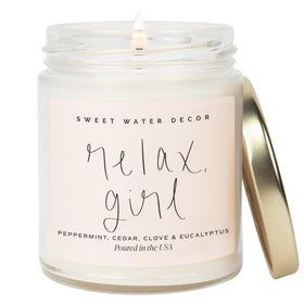 Sweet Water Decor Relax Girl candle jar front view for stylish home ambiance.
