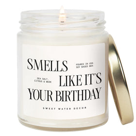 Sweet Water Decor Smells Like Its Birthday candle with gold lid for festive celebrations