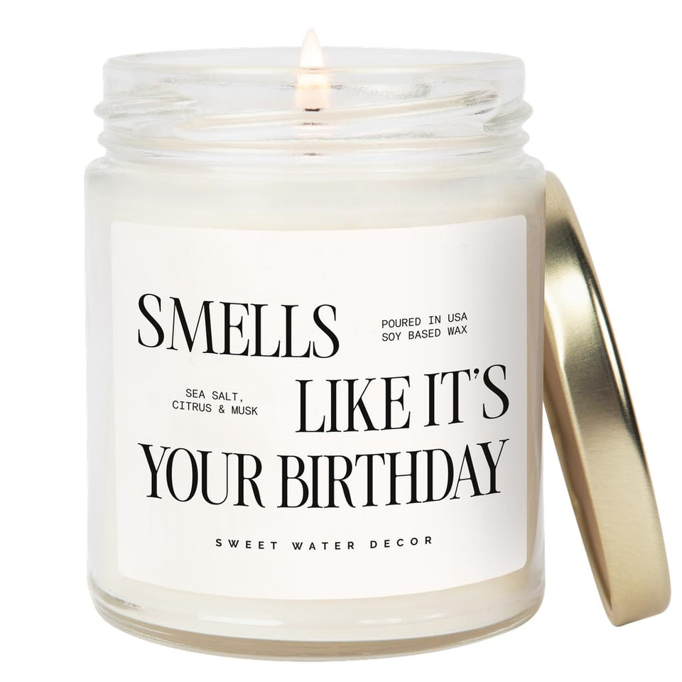 Sweet Water Decor Smells Like Its Birthday candle with gold lid for festive celebrations