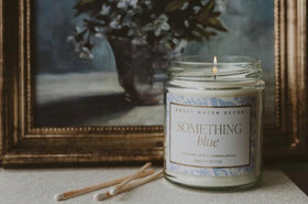 Something Blue candle with gold lid elevates bridal gifts with a premium finish.