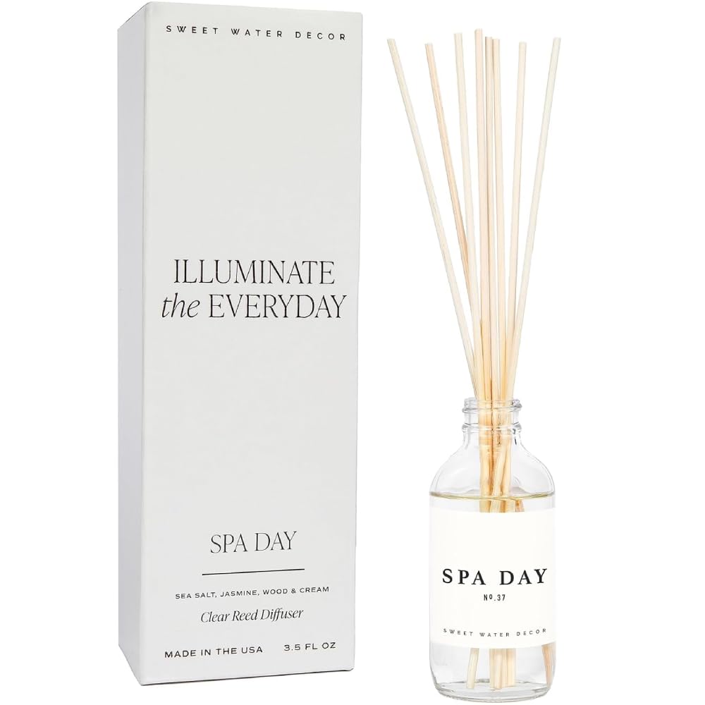 Sweet Water Decor Spa Day diffuser bottle with sea salt note for calming home ambiance.