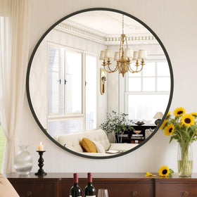Sweetcrispy 24in round wall mirror with anti-fog coating for clear bathroom reflections.