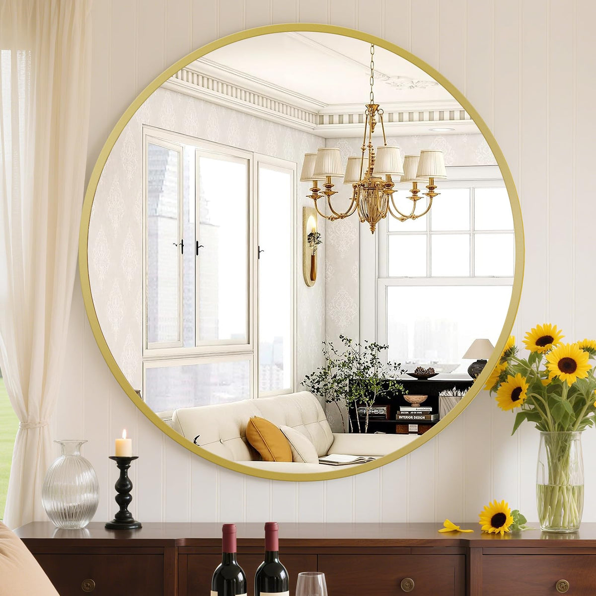 Sweetcrispy 24-inch round mirror with tempered glass for distortion-free vanity reflections.