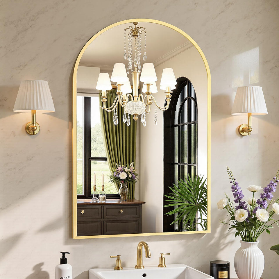 Sweetcrispy 24x36 arched mirror over the sink for precise grooming.