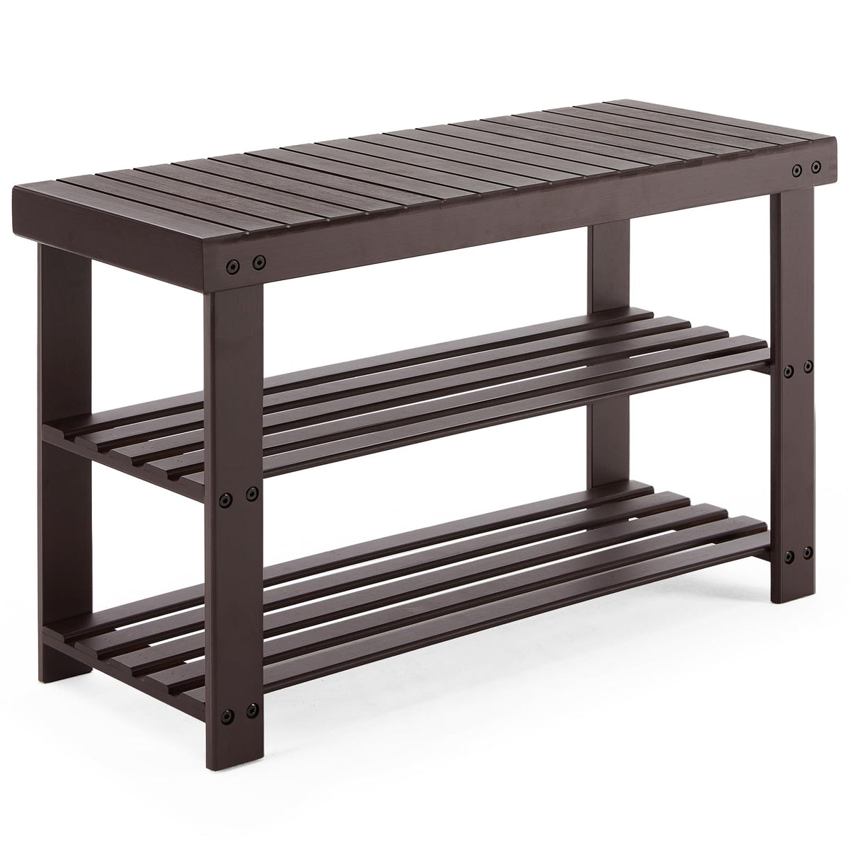 Sweetcrispy 3-tier shoe rack bench front view showing sturdy top seating and storage