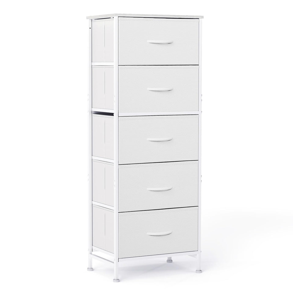 Sweetcrispy 5-drawer dresser with wood top offering sturdy storage for clothes and decor.