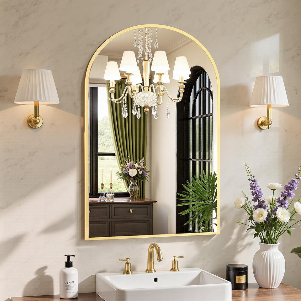Sweetcrispy arch gold bathroom mirror over sink for precise daily grooming reflections.