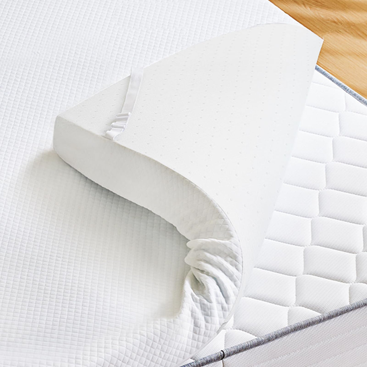 Sweetcrispy mattress topper full unrolled on bed for instant comfort.