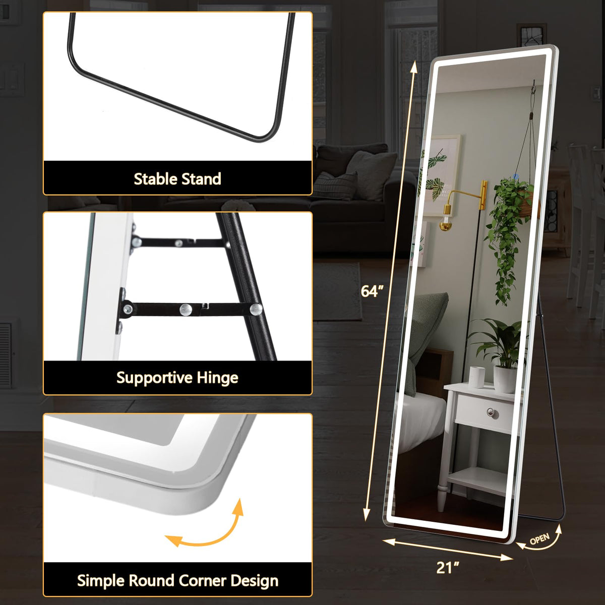 Sweetcrispy mirror supports wall hanging or freestanding setup.