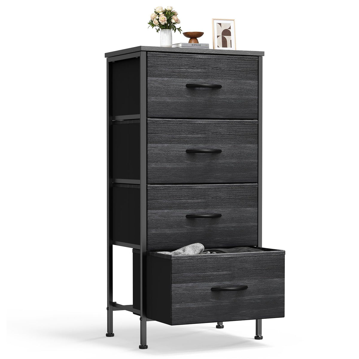 Sweetcrispy nightstand with four fabric drawers, front view showing organized bedside storage.