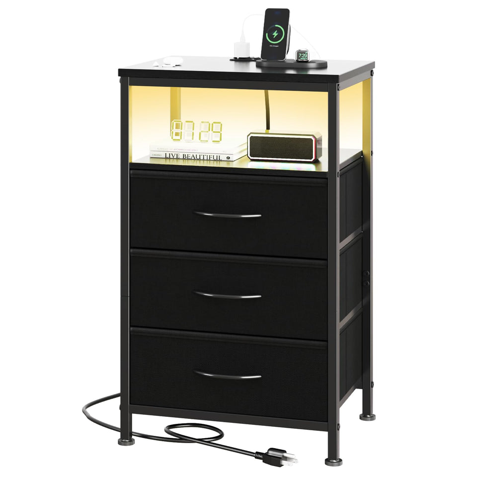 Sweetcrispy nightstand front view with fabric drawers and convenient charging station.
