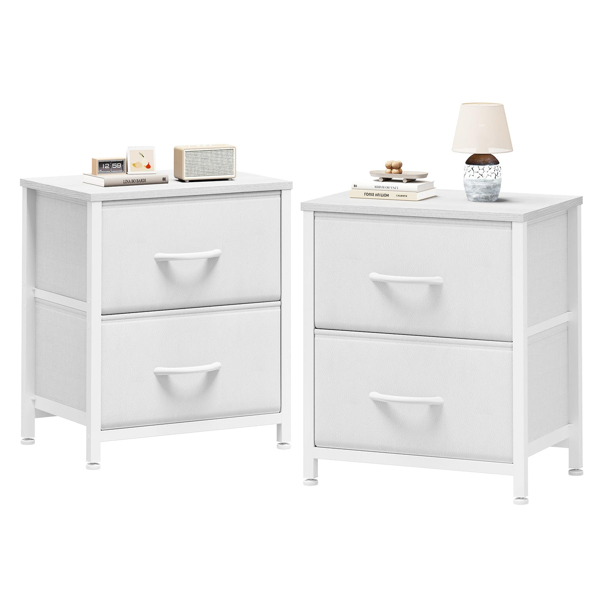 Sweetcrispy nightstand set top view with wooden surface and fabric drawers
