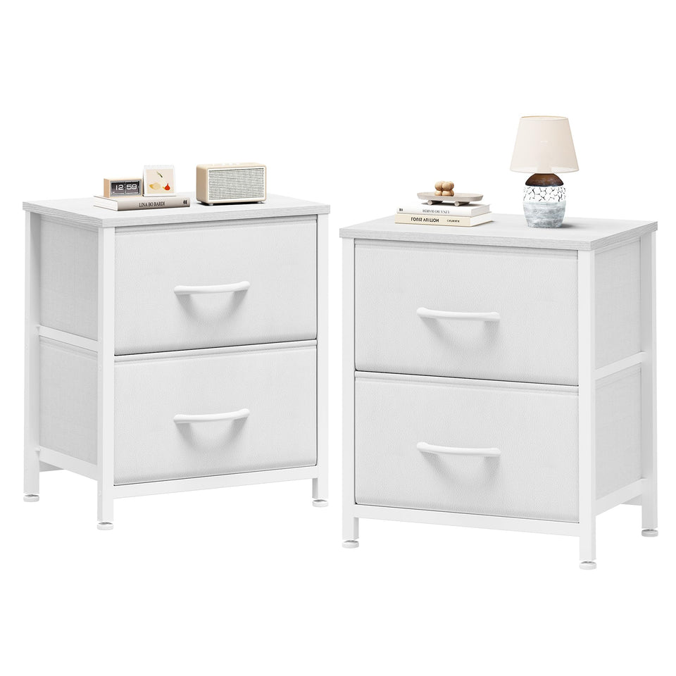 Sweetcrispy nightstand set top view with wooden surface and fabric drawers