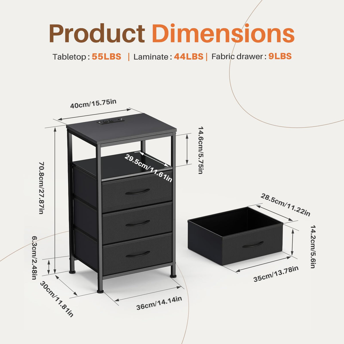 Sweetcrispy nightstand side view with open fabric drawer for easy access.