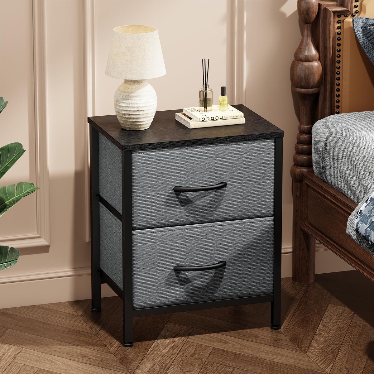 Sweetcrispy nightstand showing two removable fabric drawers for organized nighttime essentials