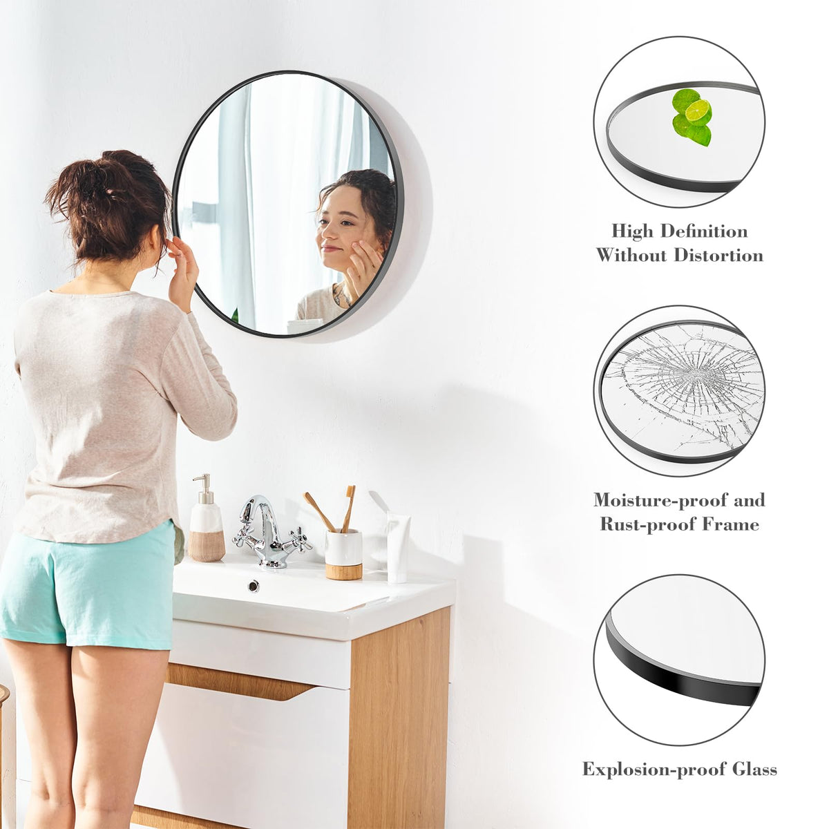 Sweetcrispy shatterproof round mirror ensures safer use around sinks and showers.