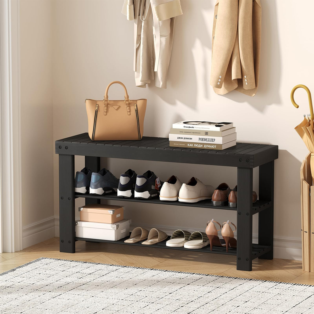 Sweetcrispy Shoe Rack Bench bedroom use shown as a compact bedside setup