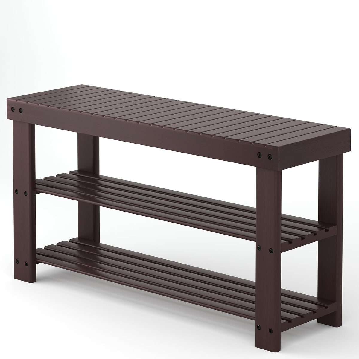 Sweetcrispy shoe rack bench front view showing 3-tier storage for organized entryways