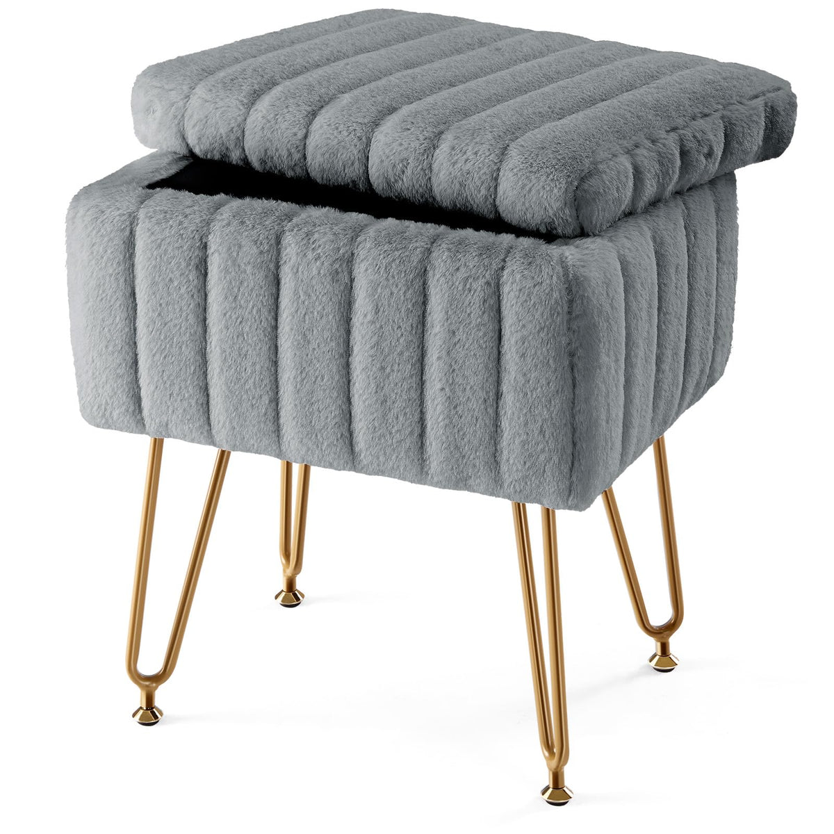 Sweetcrispy vanity stool with hidden storage under the plush lid, ideal for organizing cosmetics.