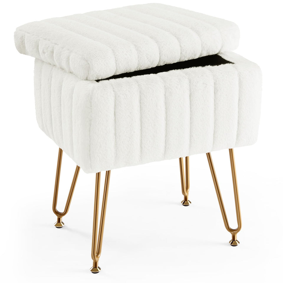 Sweetcrispy vanity stool with hidden storage keeps cosmetics tucked away.