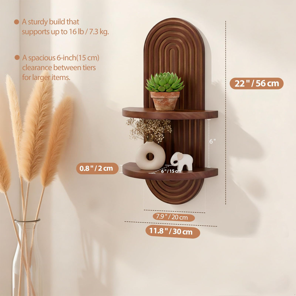 SweetSage boho chic wall shelf with two shelves offers organized display options.