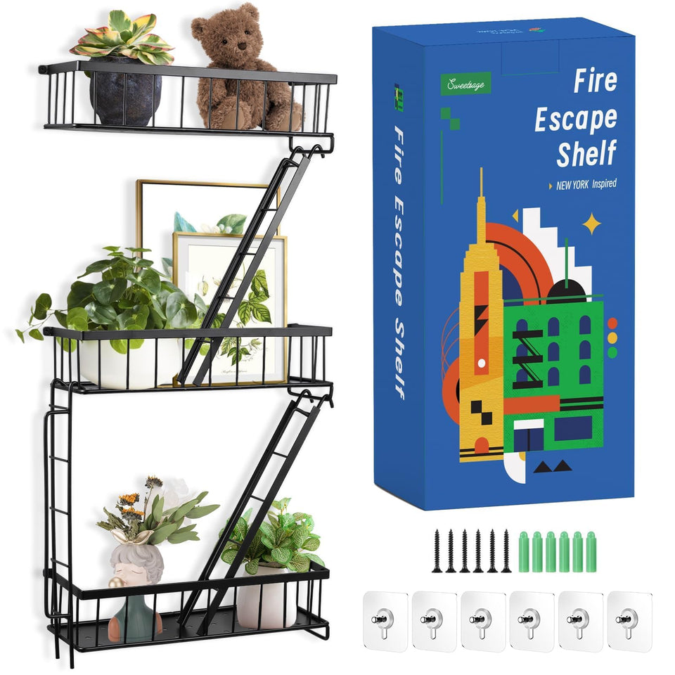 SweetSage Fire Escape shelf front view shows compact three-tier storage for decor.