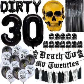 Swept Death to My 20s banner adds bold flair for a 30th birthday celebration.