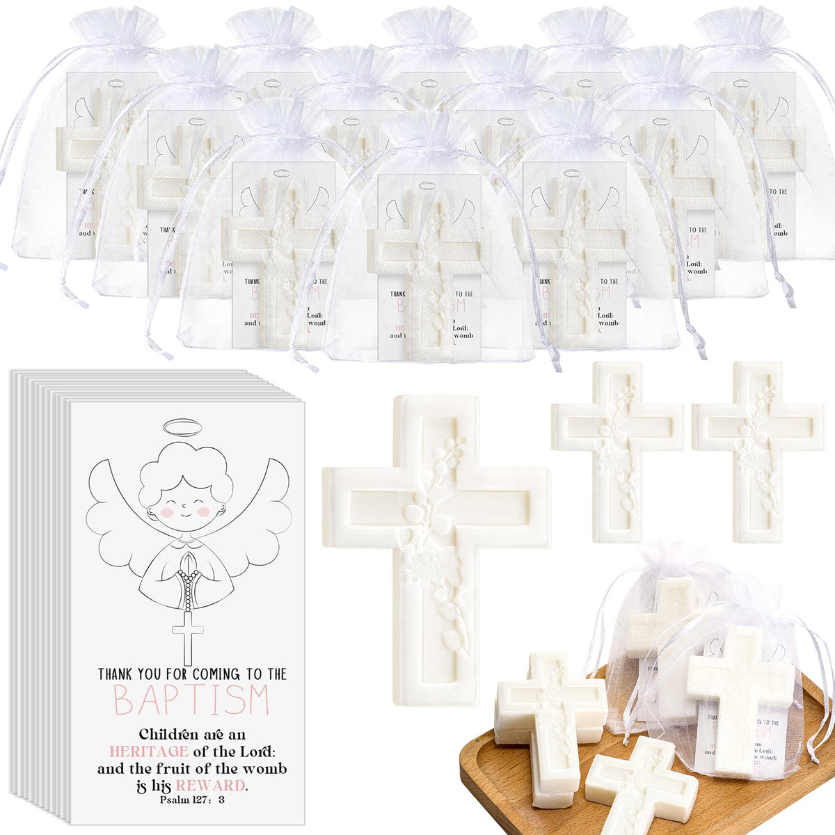 Swiffen cross soap baptism favors, elegant design for guests.