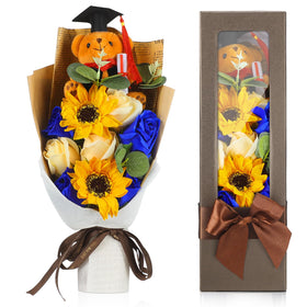 Swiffen graduation rose and sunflower soap bouquet in a clear gift box, a lasting keepsake