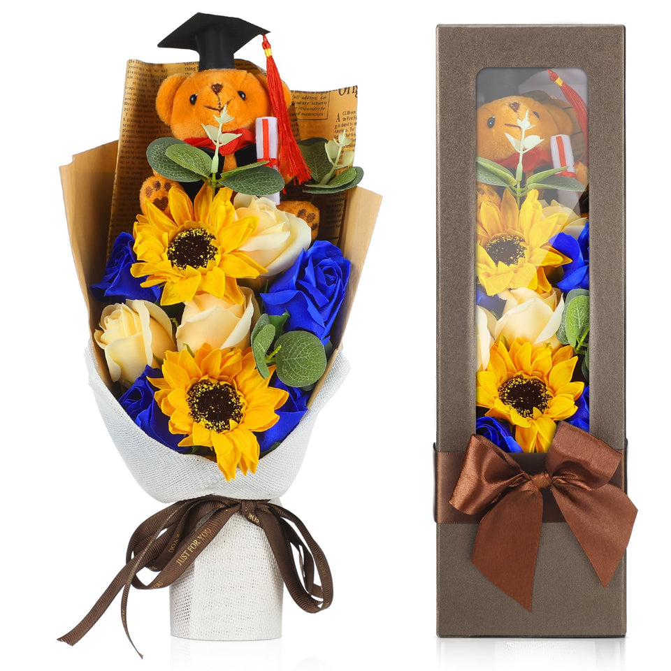 Swiffen graduation rose and sunflower soap bouquet in a clear gift box, a lasting keepsake