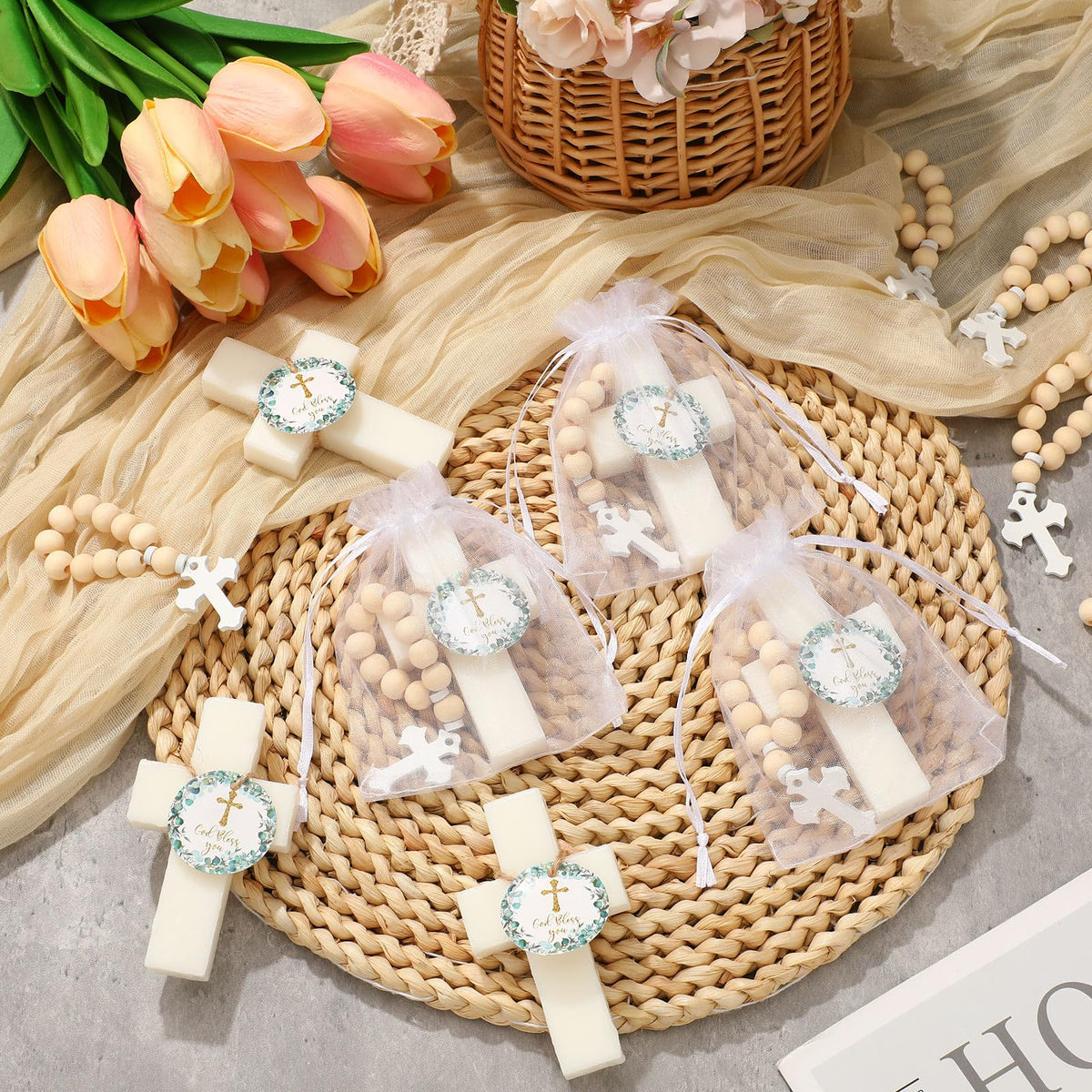 Swiffen packaged baptism favors; organized presentation for baby shower decor.