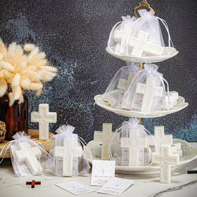 Swiffen packaging display for baptism favors, organized and ready to gift.