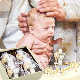 Swiffen wooden rosary baptism favors; a timeless keepsake guests will treasure.
