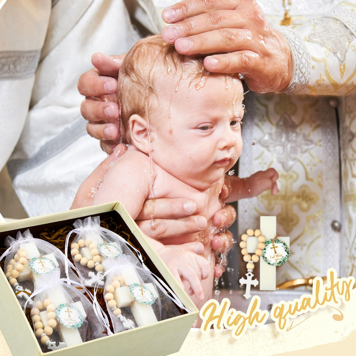 Swiffen wooden rosary baptism favors; a timeless keepsake guests will treasure.