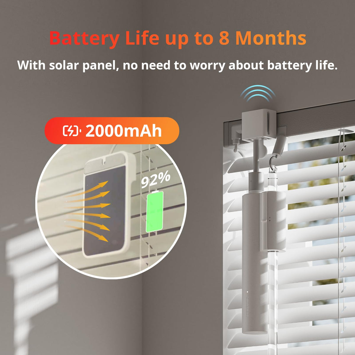 SwitchBot solar panel powering the blinds' battery for eco-friendly charging.