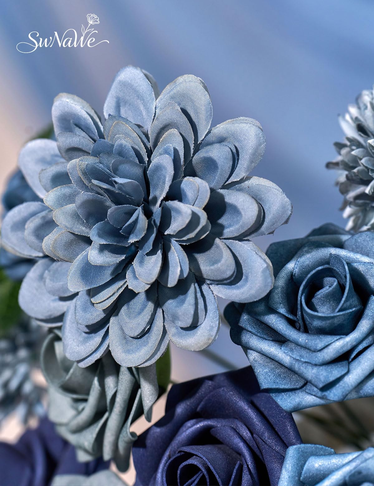 SWNAWE blue silk chrysanthemum cluster adds lush texture to centerpieces.