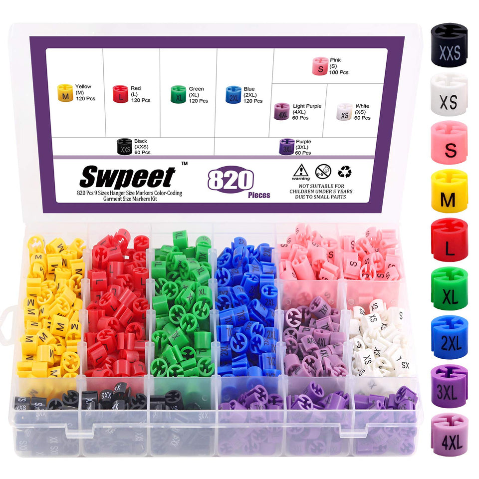 Swpeet 820Pcs hanger size markers with storage box for easy organization.