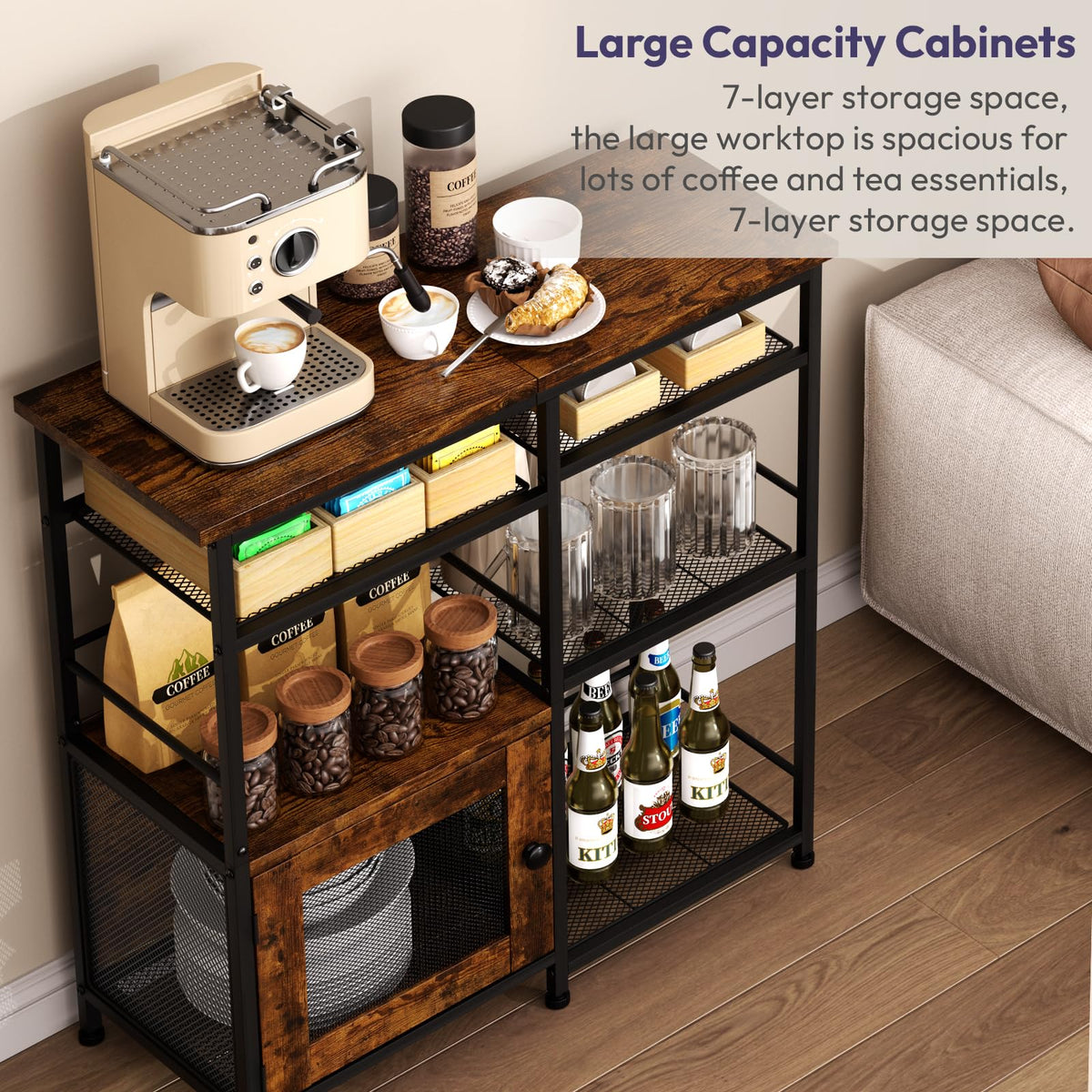 SWTYMIKI Coffee Bar Cabinet Station wood-texture finish evokes farmhouse charm while hiding clutter