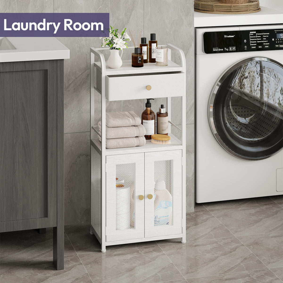 SWTYMIKI bottom towel storage area optimized for towels and large toiletries
