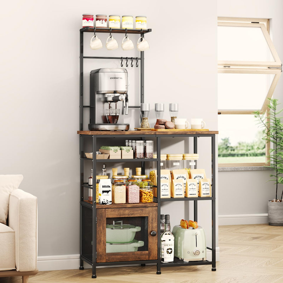 SWTYMIKI espresso bakers rack showing a compact coffee-bar setup for small kitchens