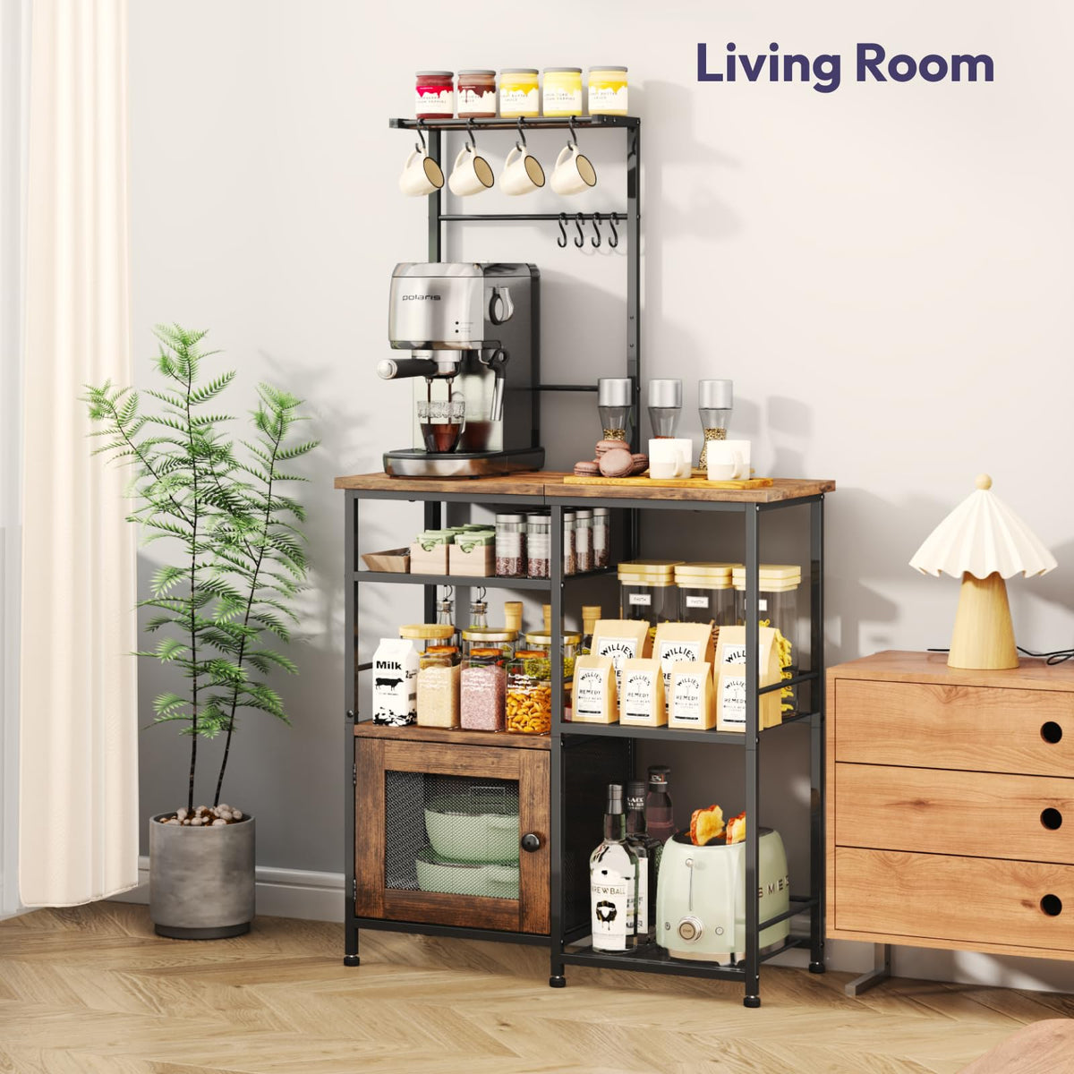 SWTYMIKI espresso bakers rack hidden cabinet keeps clutter out of sight